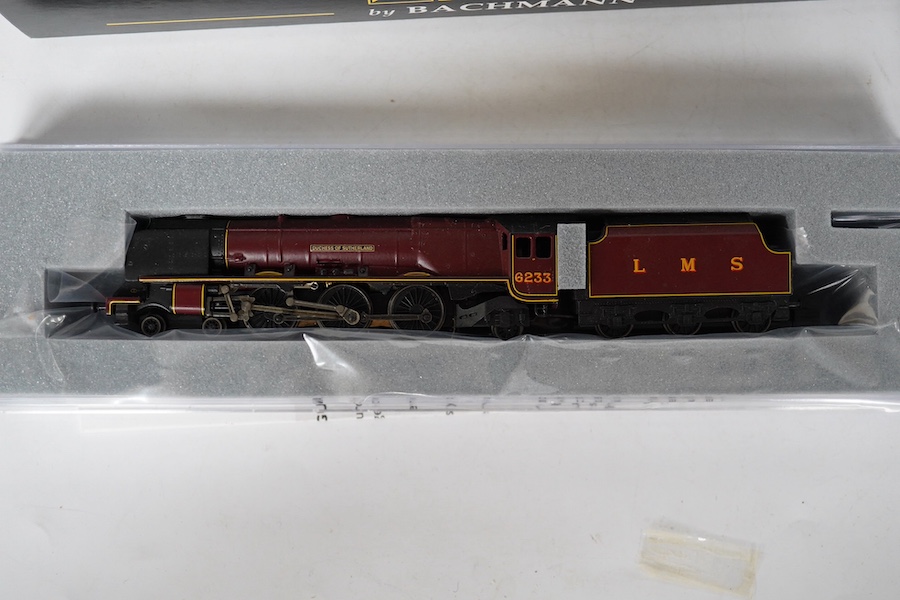 Two boxed Graham Farish N gauge railway LMS locomotives; Coronation Class Duchess of Sutherland 6233 (372-180) and a Midland Crab 13098 (372-226). Condition - good.